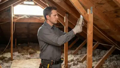 Electrician measures attic heat with a thermometer in Salt Lake City, UT, assessing attic fan ventilation needs