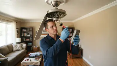 Salt Lake City electrician tests ceiling fan pull-chain switch terminals with a multimeter