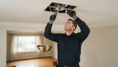 Salt Lake City electrician inspects exposed ceiling box and support brace for chandelier installation
