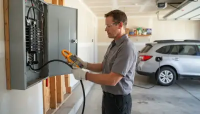 Electrician performs EV charger load calculation at panel with clamp meter in Salt Lake City, UT