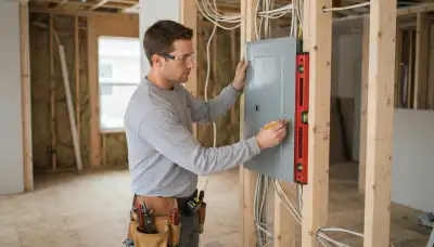 Electrician leveling an electrical panel enclosure during rough-in installation in a Salt Lake City, UT home