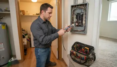 Salt Lake City electrician uses a voltage tester to diagnose an electrical problem at a home's load center
