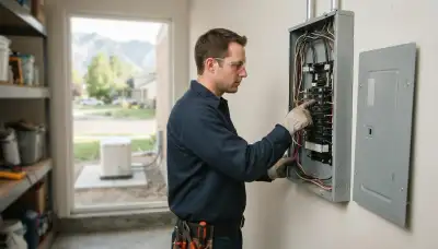 Electrician tracing essential circuits in an open panel for generator installation in Salt Lake City, UT