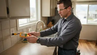 Electrician testing GFCI outlets near sinks in a Salt Lake City, UT home.