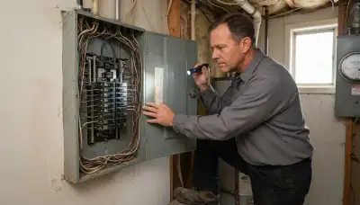 Electrician inspecting a home's electrical panel and breakers during a Salt Lake City, UT home electrical inspection