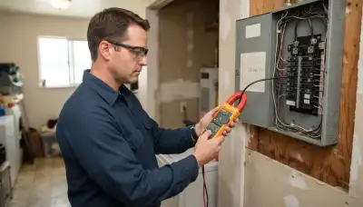 Salt Lake City, UT electrician measures circuit load with clamp meter at open panel during home energy audit
