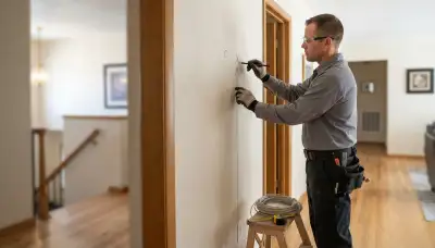 Electrician marking intercom station locations and cable routes in a Salt Lake City, UT home