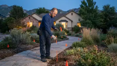 Electrician staking landscape lighting fixture locations along a Salt Lake City, UT residential pathway and garden beds