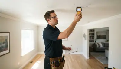 Salt Lake City electrician marks ceiling locations for new lighting fixture installation with a stud finder