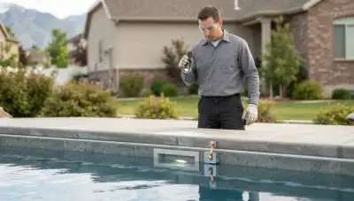 Electrician inspecting pool light niche bonding with a flashlight in a Salt Lake City, UT home