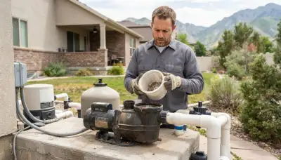 Salt Lake City, UT electrician inspecting a pool pump strainer basket and shaft seal at a home equipment pad