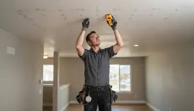 Electrician maps recessed lighting positions on a Salt Lake City ceiling with a stud finder and chalk line
