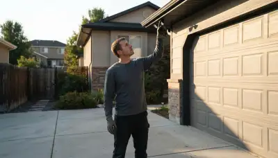 Salt Lake City electrician marking a garage eave for security light installation and driveway coverage assessment