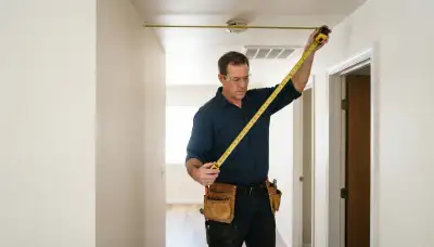 Electrician measures smoke detector placement on a hallway ceiling in a Salt Lake City, UT home near bedrooms