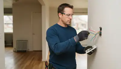Electrician examines labeled thermostat wires during a Salt Lake City, UT home installation assessment