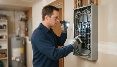 Electrician inspects a Salt Lake City, UT panel for whole-home surge protection installation