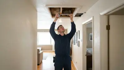 Electrician measures ceiling joists for whole-house fan placement in a Salt Lake City, UT home