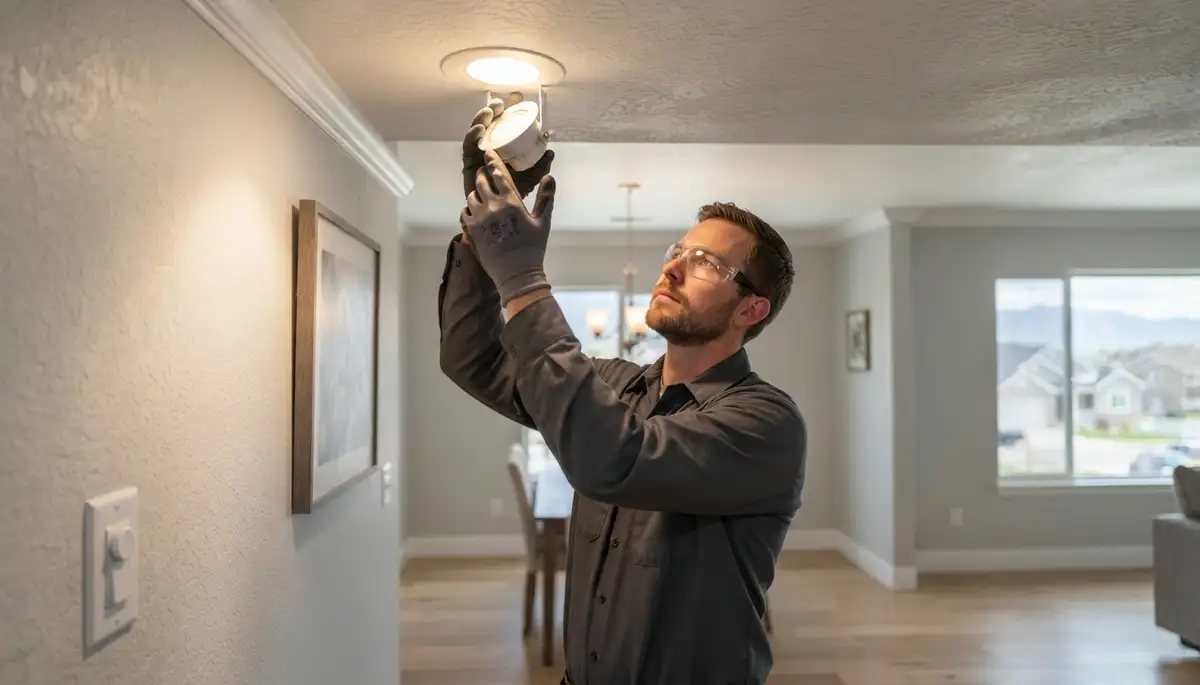 Salt Lake City electrician testing and aiming a newly installed light fixture with dimmer controls