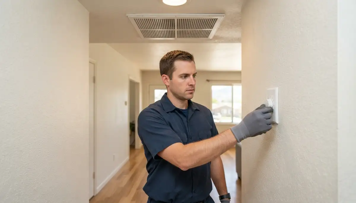 Salt Lake City, UT electrician tests whole-house fan speed control beneath a closed ceiling grille