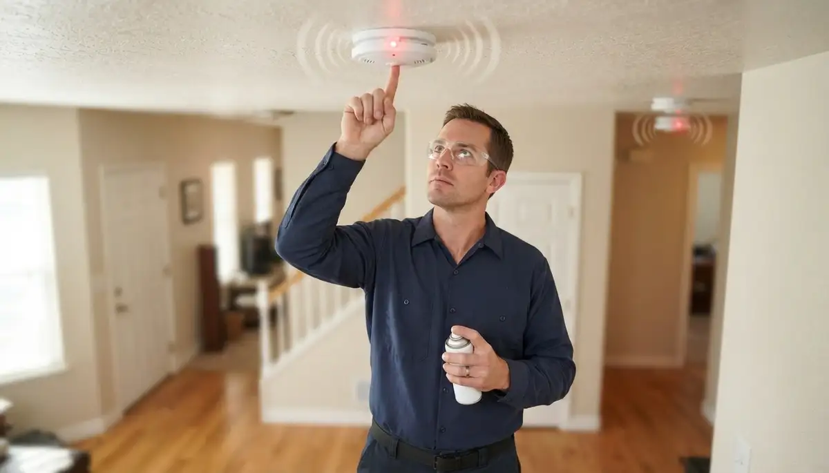Electrician presses test button on interconnected smoke detector in Salt Lake City, UT home