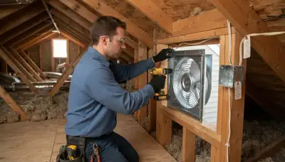 Electrician mounts an attic fan and routes wiring in a Salt Lake City, UT attic
