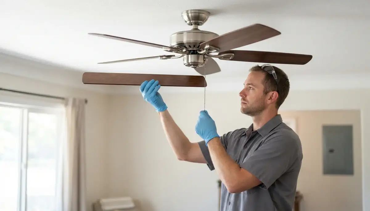 Electrician verifies balanced ceiling fan blades during installation in Salt Lake City, UT