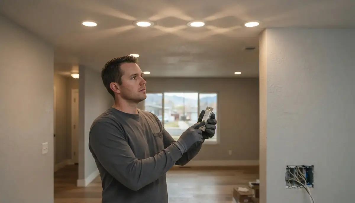 Electrician tests recessed lighting beam overlap and dimmer control in a Salt Lake City, UT home