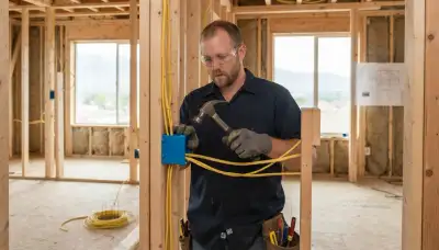 Electrician installing electrical boxes and cable during new construction wiring rough-in in Salt Lake City, UT