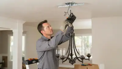 Electrician installing and wiring a chandelier on a rated ceiling brace in a Salt Lake City, UT home