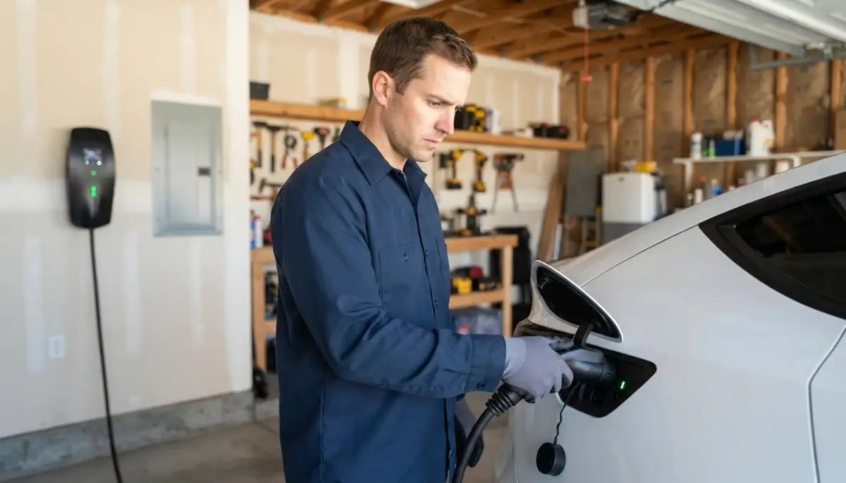 Electrician verifies EV charger installation as a vehicle charges in Salt Lake City, UT