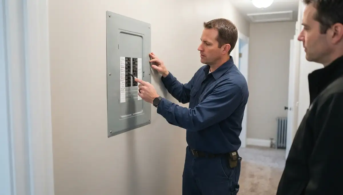 Licensed electrician reviews updated circuit directory with Salt Lake City homeowner after panel work