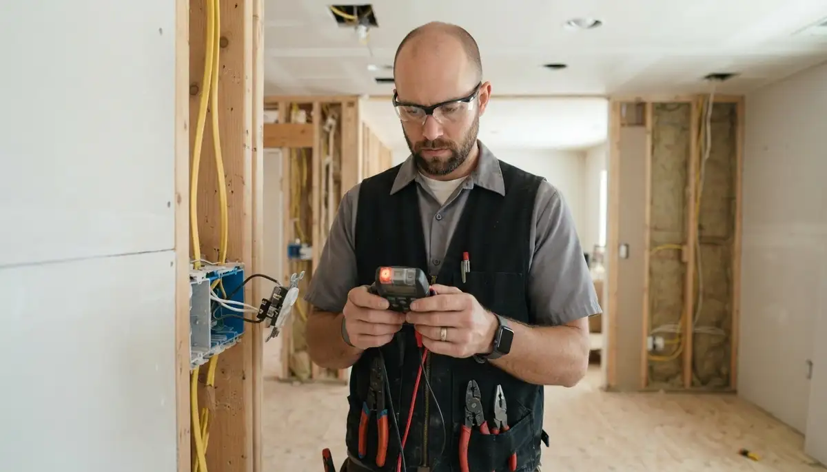 Electrician tests wiring continuity and polarity before drywall installation in Salt Lake City, UT
