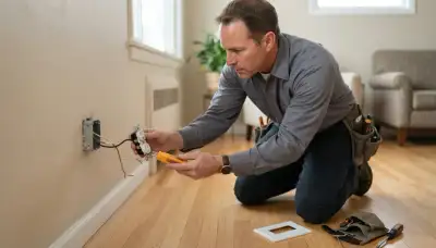 Electrician inspecting wall outlets and junction boxes with a circuit tester in a Salt Lake City, UT home