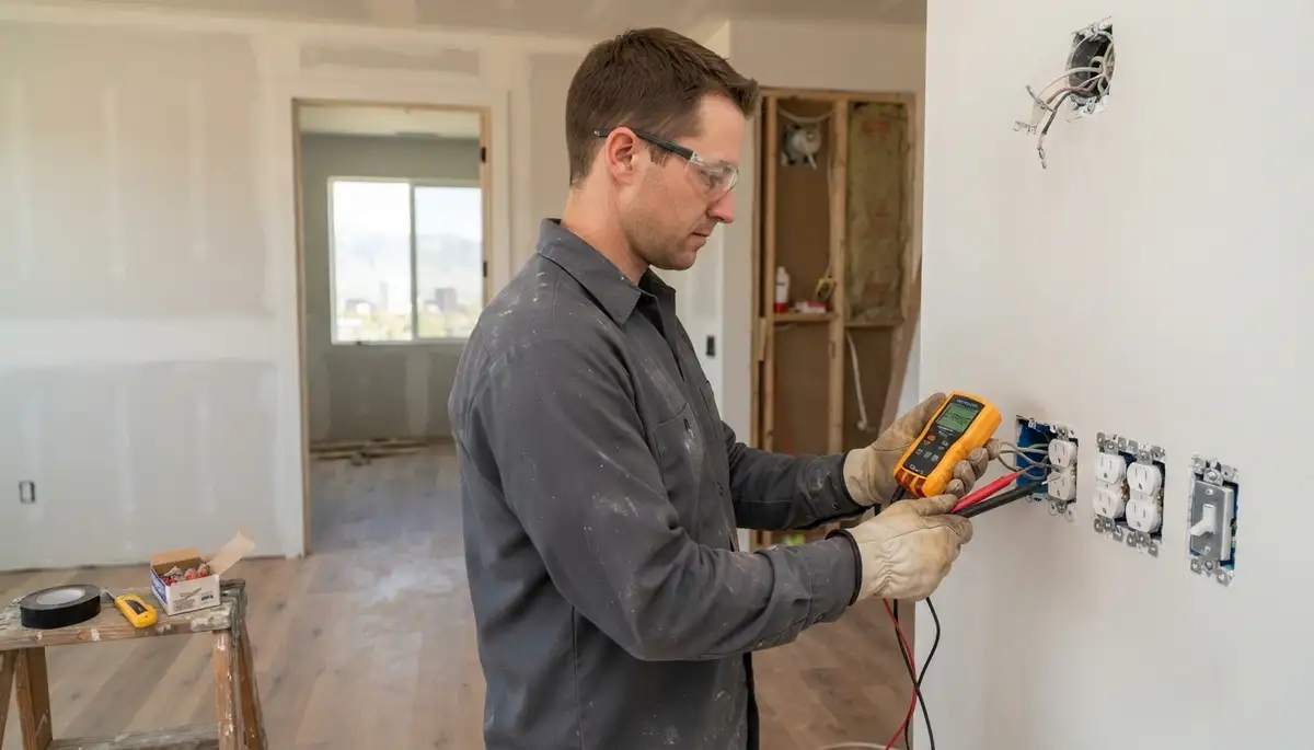 Salt Lake City, UT electrician installing receptacles and switches, testing new construction circuits