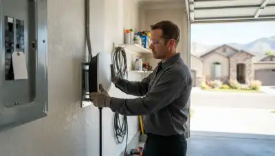 Electrician installing a Level 2 EV charger and dedicated circuit at a Bluffdale, UT home