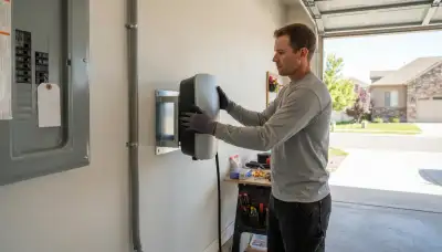 Electrician installing a wall-mounted EV charger on a dedicated garage circuit in Draper, UT