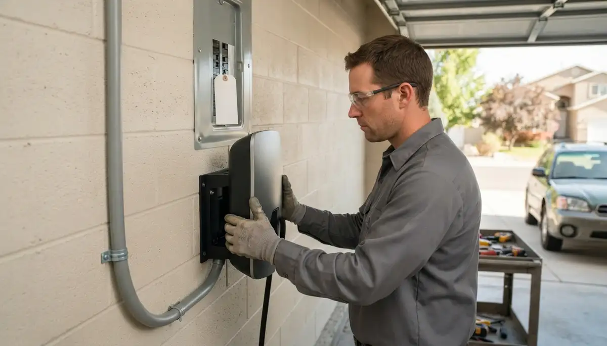 Level 2 EV charger installation in a Midvale, UT garage by a licensed electrician