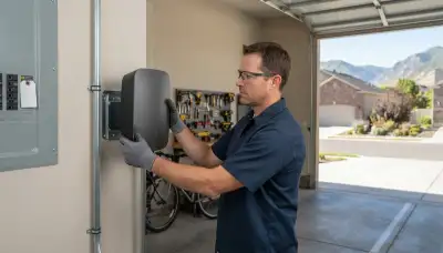 Electrician installing a wall-mounted EV charger with protected conduit in North Salt Lake, UT