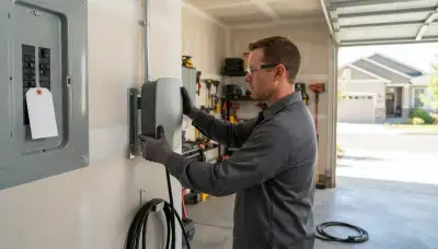 Electrician installing a wall-mounted EV charger in a Sandy, UT garage