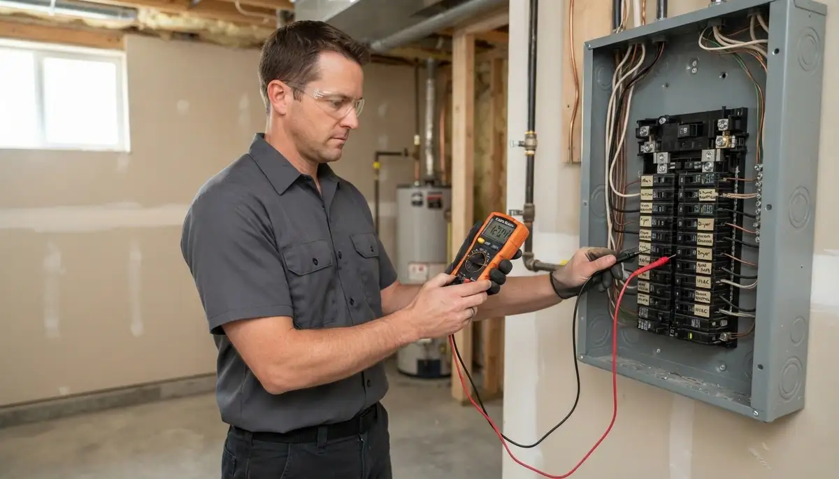 Electrician testing new electrical panel circuits with a multimeter in Salt Lake City, UT