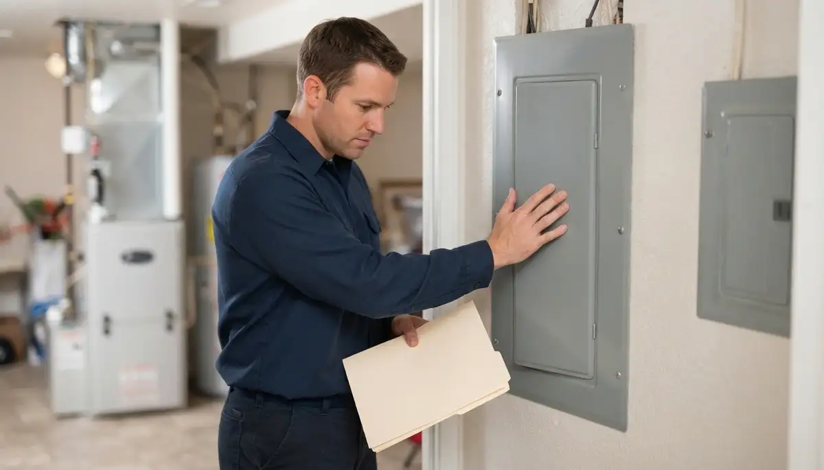 Electrician presents home energy audit results beside a closed electrical panel in Salt Lake City, UT