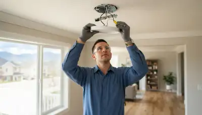 Electrician installing and wiring a ceiling light fixture in a Salt Lake City, UT home