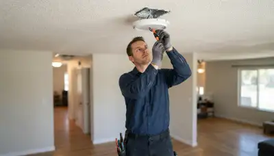 Electrician installing ceiling light wiring in a Salt Lake City, UT home with power safely locked off