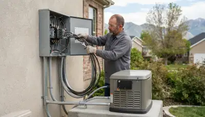 Electrician wiring a generator transfer switch at a Salt Lake City, UT home