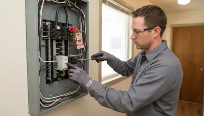 Electrician installing a GFCI breaker in a Salt Lake City, UT home electrical panel
