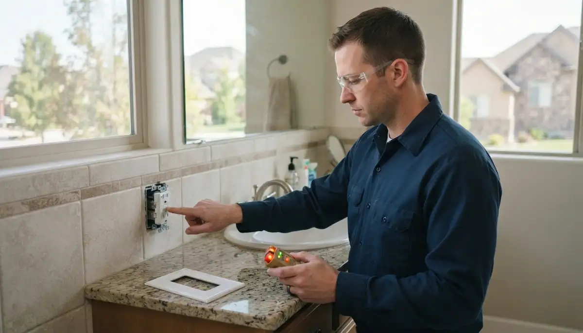 Electrician installing a GFCI outlet in a Bountiful, UT bathroom for wet-area safety