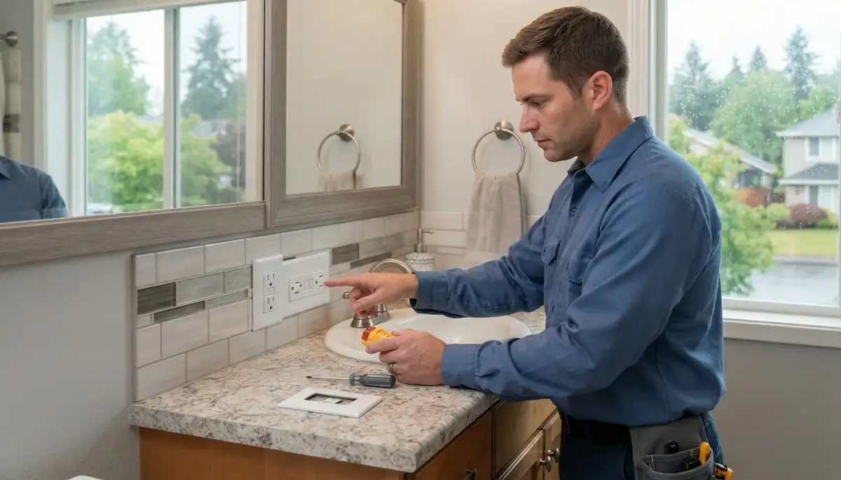 Electrician installing a GFCI outlet for wet-area protection in a Cedar Hills, UT bathroom