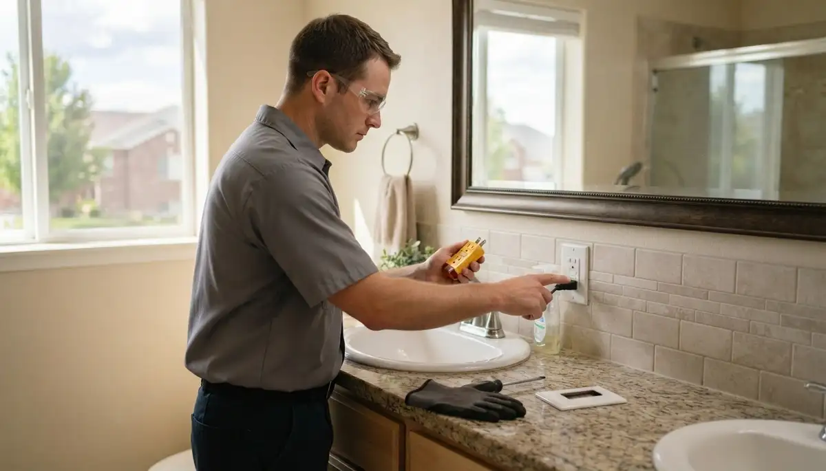 Electrician installing a GFCI outlet for ground-fault protection in a Salt Lake City, UT bathroom