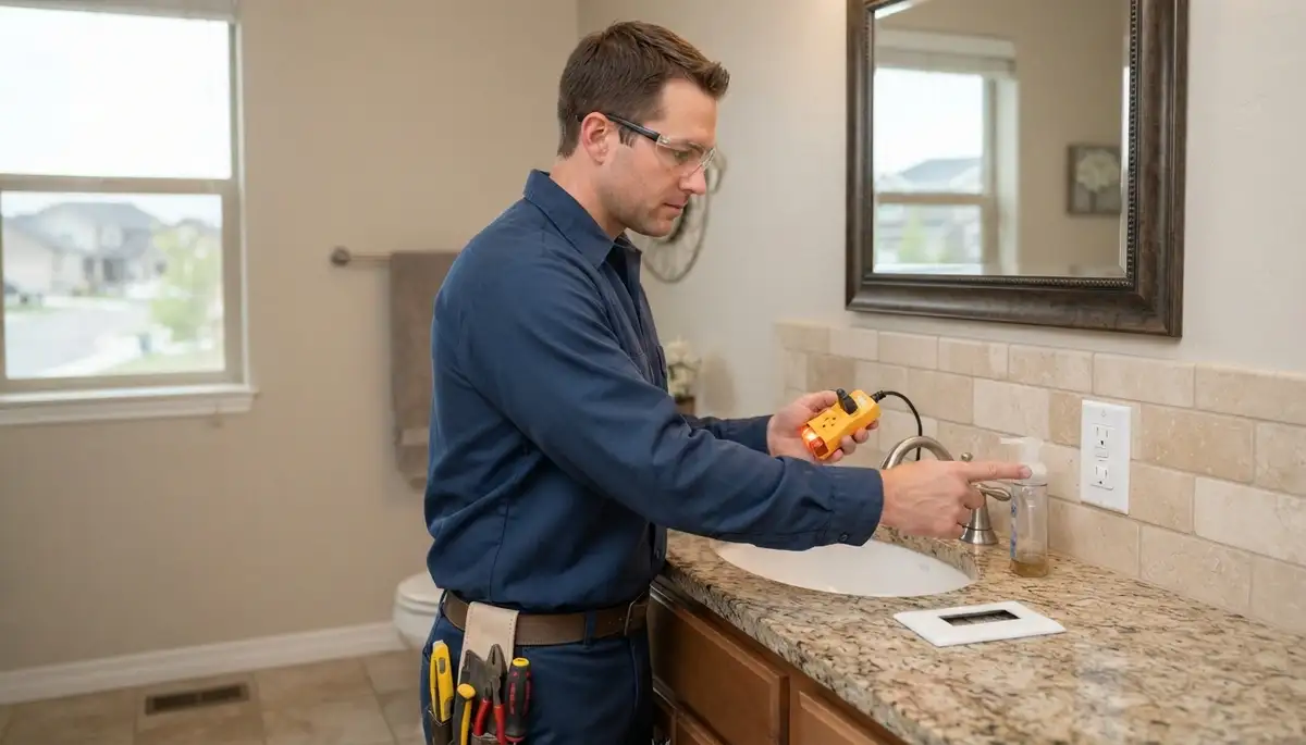 Electrician installing a GFCI outlet for ground-fault protection in a Magna, UT bathroom