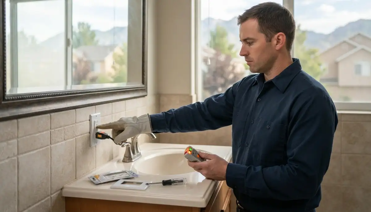 Electrician installing a GFCI outlet for wet-area protection in a Salt Lake City, UT bathroom